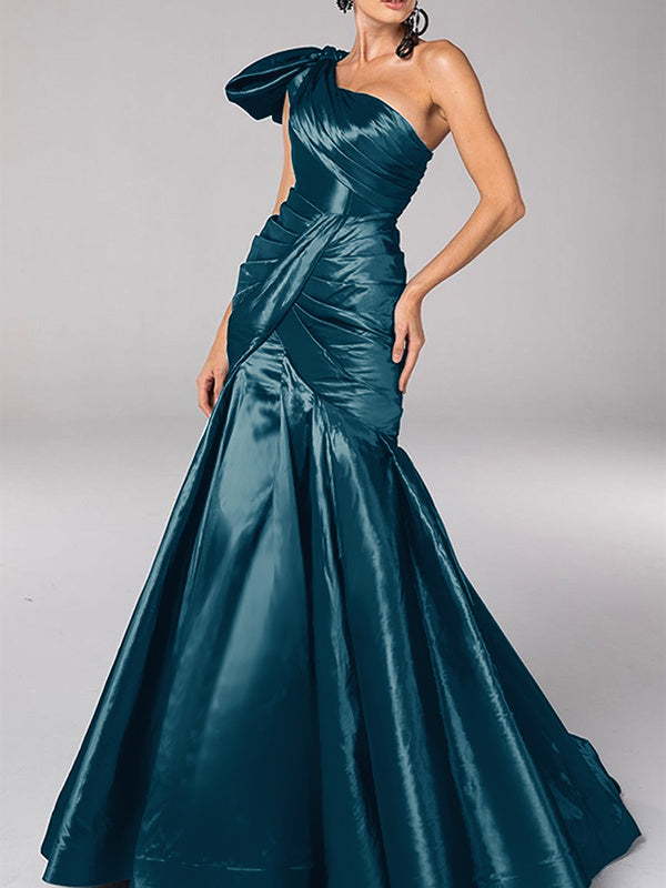 One-Shoulder Sleeveless Mermaid Evening Dress with Satin Bows and Sweep Train