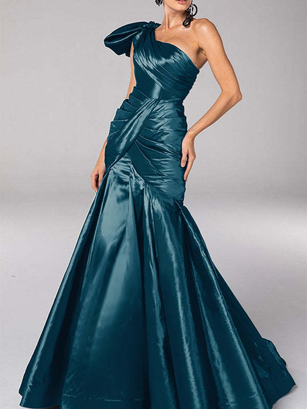 One-Shoulder Sleeveless Mermaid Evening Dress with Satin Bows and Sweep Train