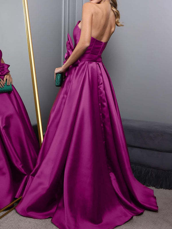 Sweetheart Princess A-Line Satin Evening Dress with Sleeveless Cut Sweep Train and High Flower Split