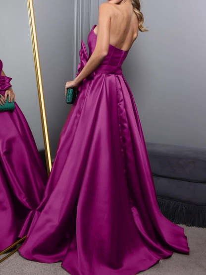 Sweetheart Princess A-Line Satin Evening Dress with Sleeveless Cut Sweep Train and High Flower Split