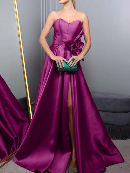 Sweetheart Princess A-Line Satin Evening Dress with Sleeveless Cut Sweep Train and High Flower Split