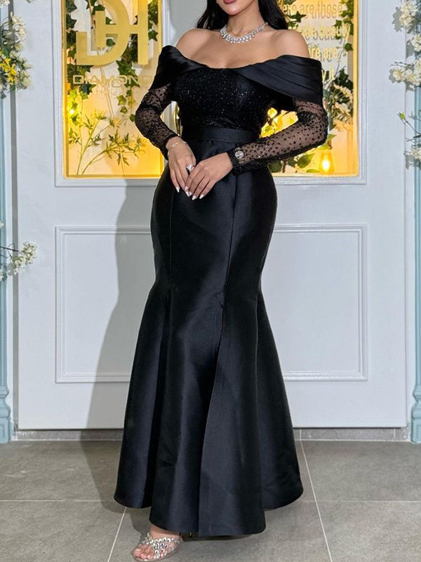 Off-The-Shoulder Long Sleeve Mermaid/Trumpet Evening Gown with High Split and Sequins in Satin