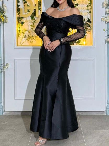 Off-The-Shoulder Long Sleeve Mermaid/Trumpet Evening Gown with High Split and Sequins in Satin