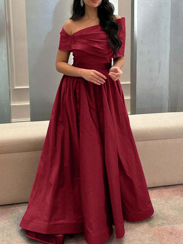 Princess A-Line Off-the-Shoulder Sleeveless Floor-Length Satin Formal Gown