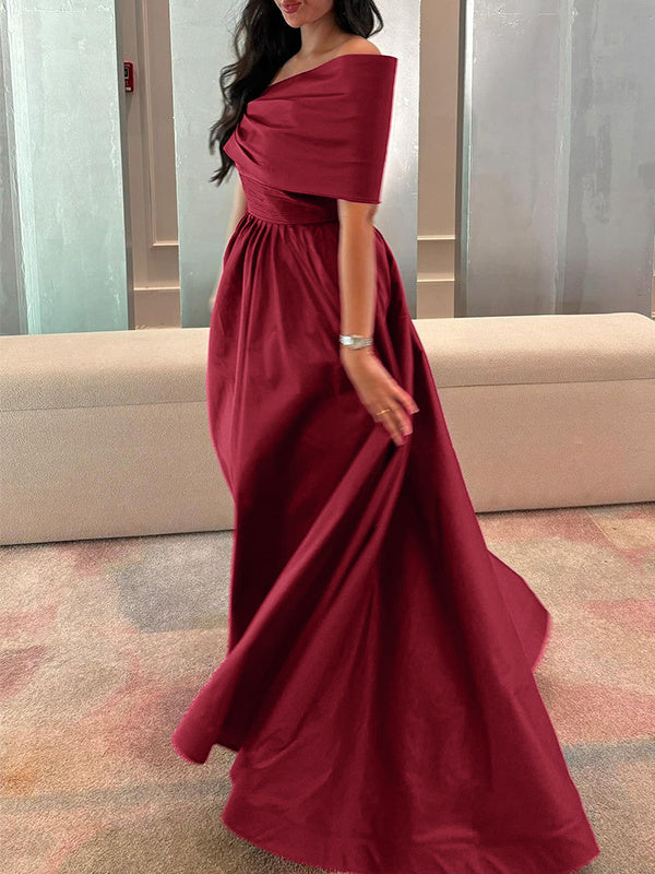 Princess A-Line Off-the-Shoulder Sleeveless Floor-Length Satin Formal Gown