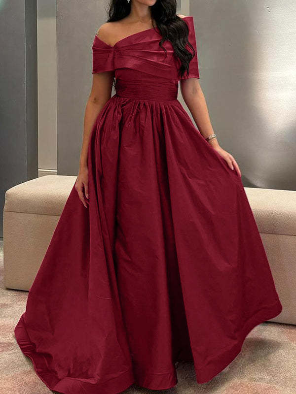 Princess A-Line Off-the-Shoulder Sleeveless Floor-Length Satin Formal Gown