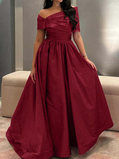 Princess A-Line Off-the-Shoulder Sleeveless Floor-Length Satin Formal Gown