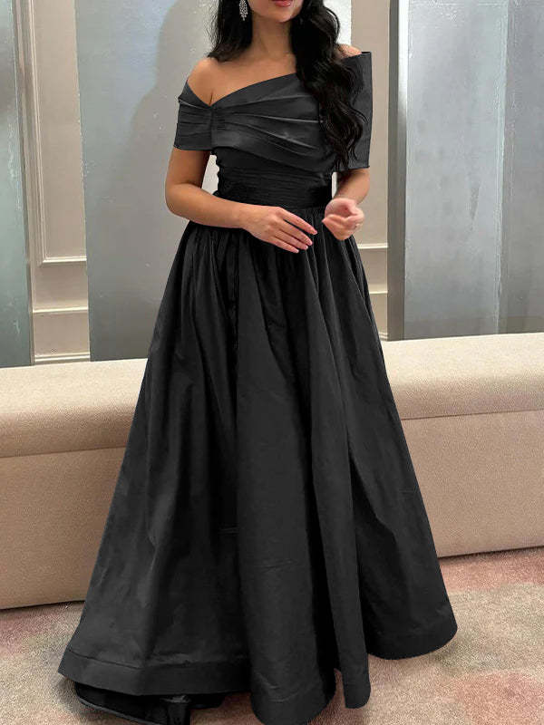 Princess A-Line Off-the-Shoulder Sleeveless Floor-Length Satin Formal Gown