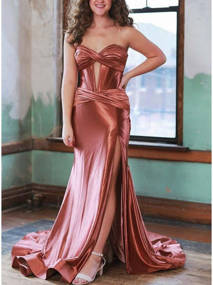 Strapless Sleeveless Floor-Length A-Line Princess Dress with Slit and Ruched Detail