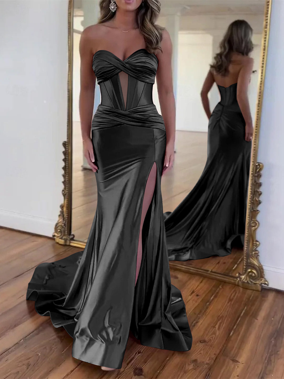 Strapless Sleeveless Floor-Length A-Line Princess Dress with Slit and Ruched Detail