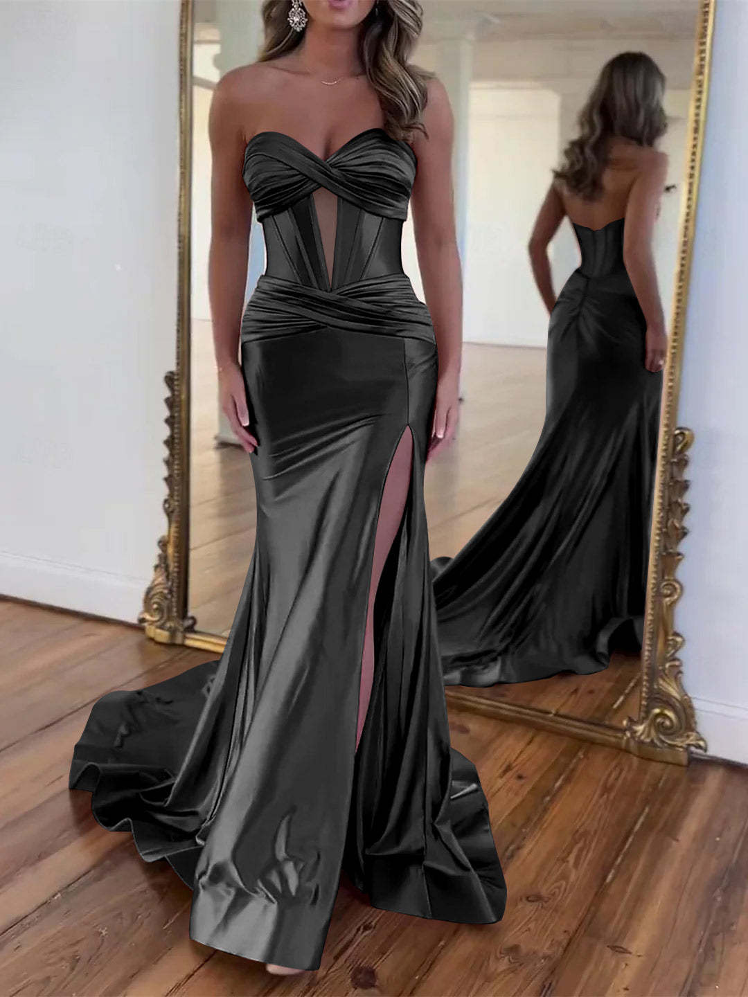 Strapless Sleeveless Floor-Length A-Line Princess Dress with Slit and Ruched Detail
