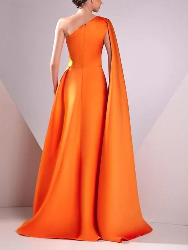 One-Shoulder Sleeveless A-Line Princess Satin Floor-Length Ruched Evening Gown