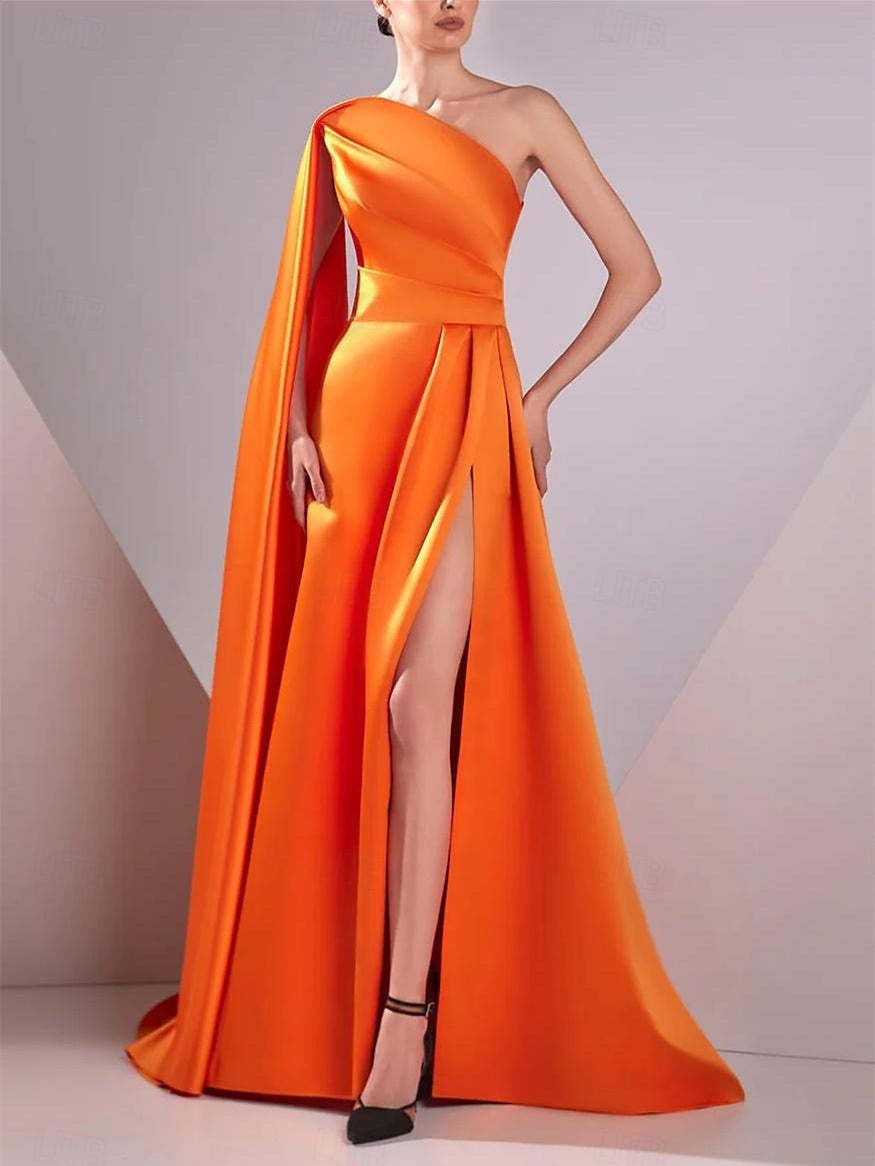 One-Shoulder Sleeveless A-Line Princess Satin Floor-Length Ruched Evening Gown