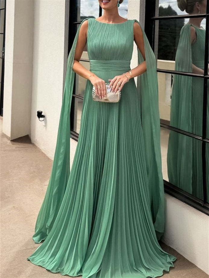 Sleeveless Floor-Length A-Line Evening Dress with Scoop Neck and Ruched Details