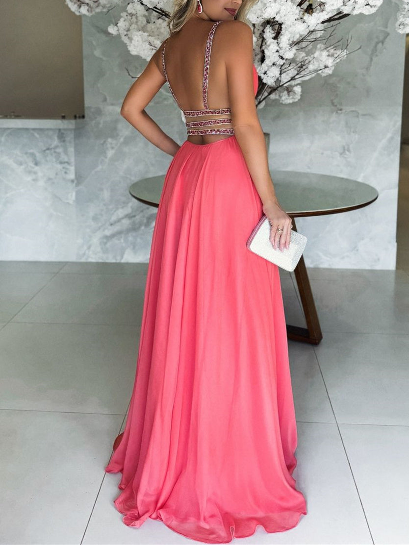 V-Neck Sleeveless A-Line Princess Evening Gown with Side Split