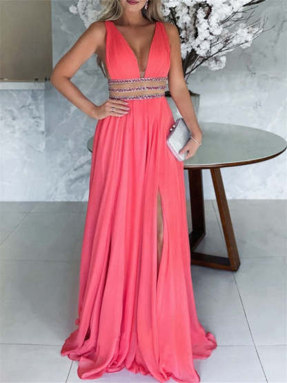 V-Neck Sleeveless A-Line Princess Evening Gown with Side Split