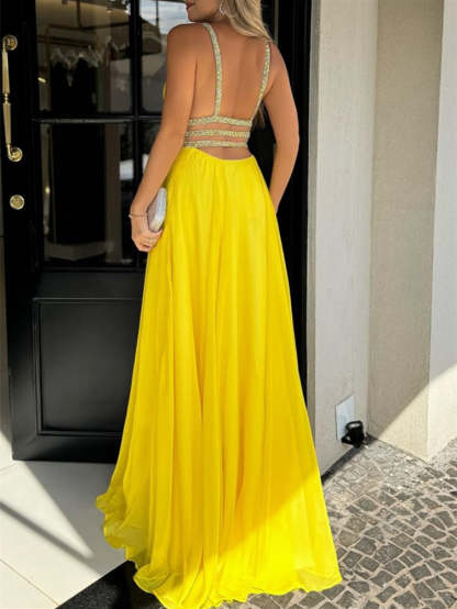 V-Neck Sleeveless A-Line Princess Evening Gown with Side Split
