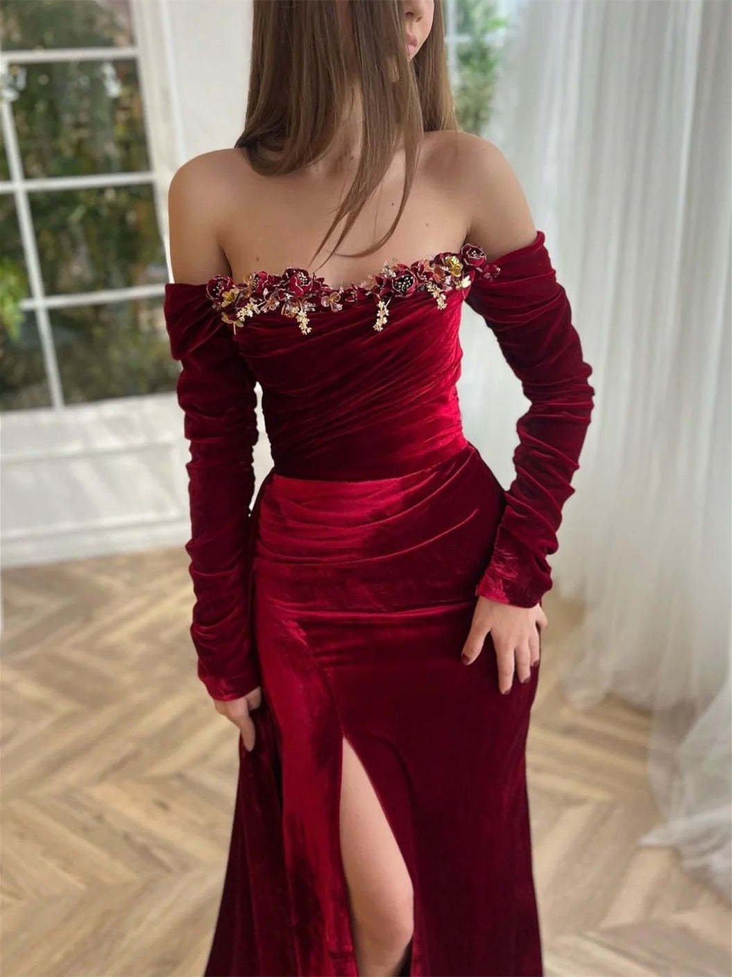 Luxury velvet evening gown with off-the-shoulder long sleeves