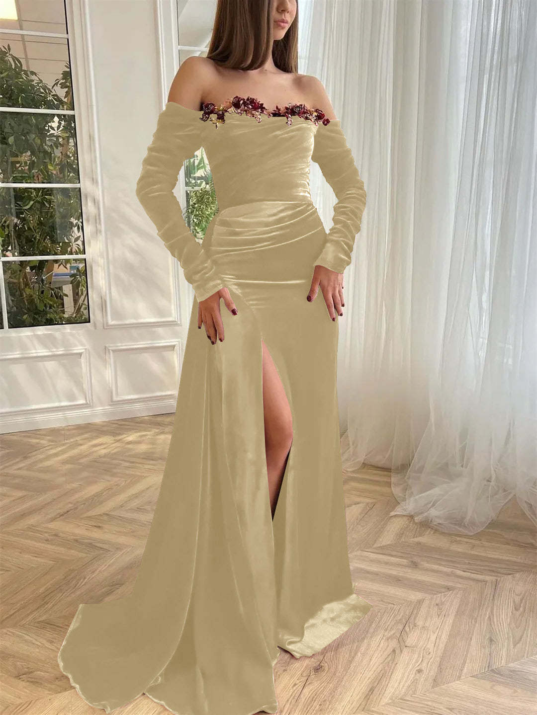 Luxury velvet evening gown with off-the-shoulder long sleeves