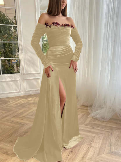Luxury velvet evening gown with off-the-shoulder long sleeves