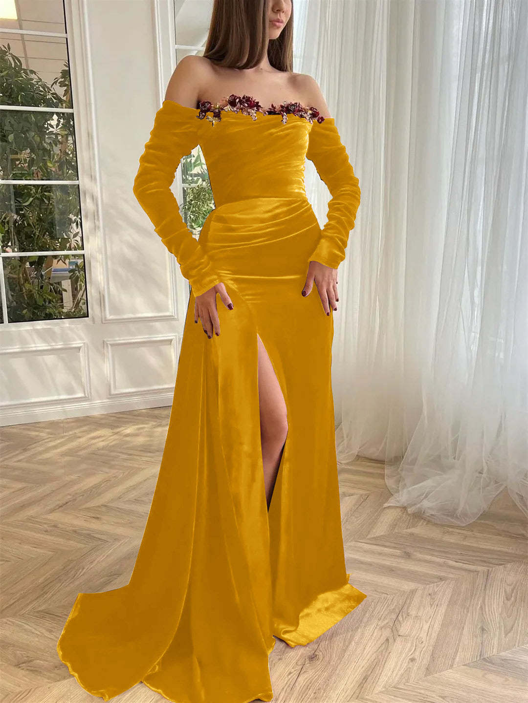 Luxury velvet evening gown with off-the-shoulder long sleeves
