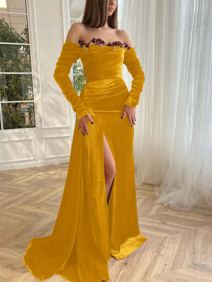 Luxury velvet evening gown with off-the-shoulder long sleeves