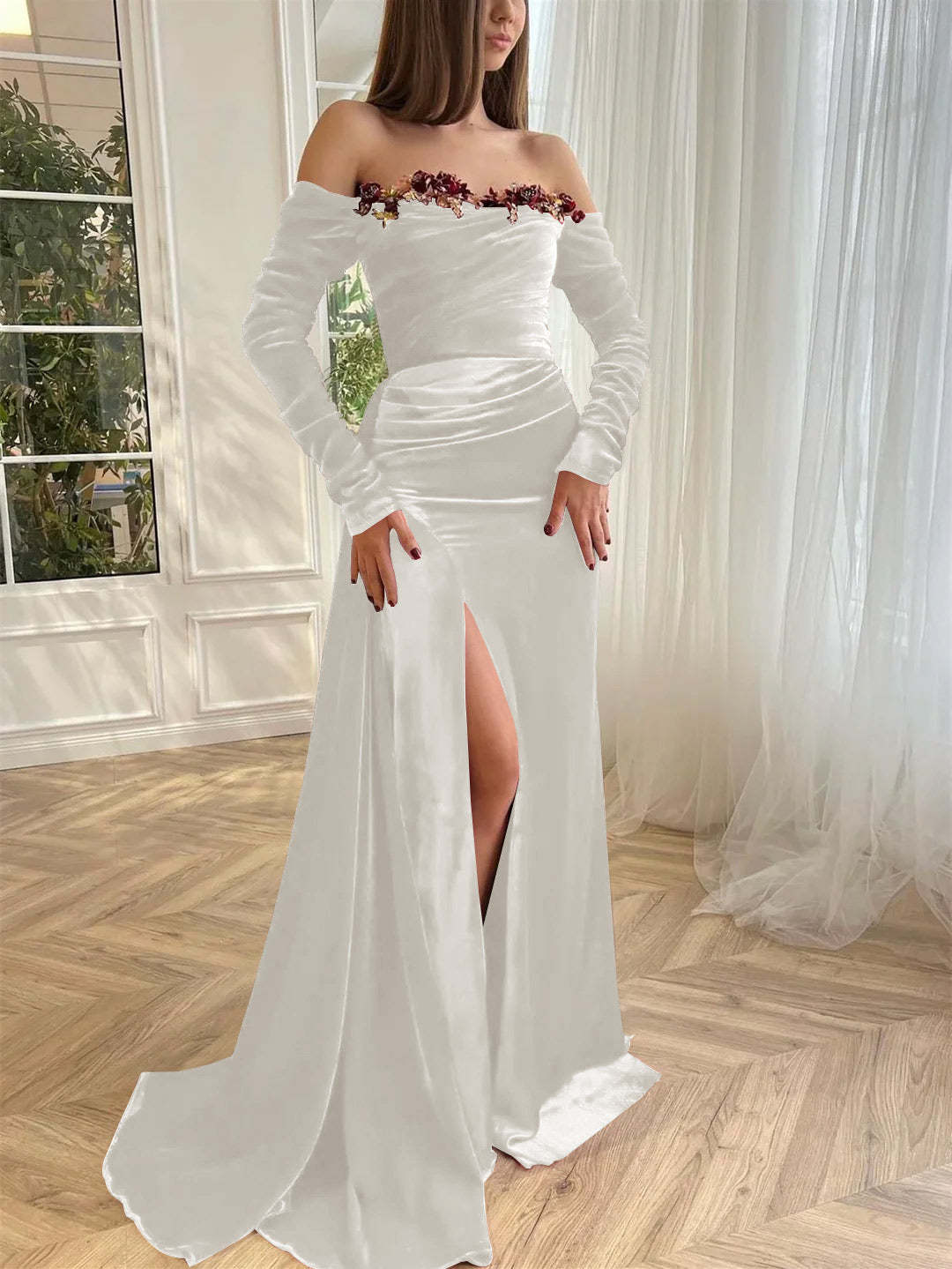 Luxury velvet evening gown with off-the-shoulder long sleeves