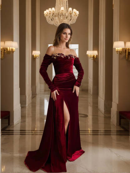 Luxury velvet evening gown with off-the-shoulder long sleeves