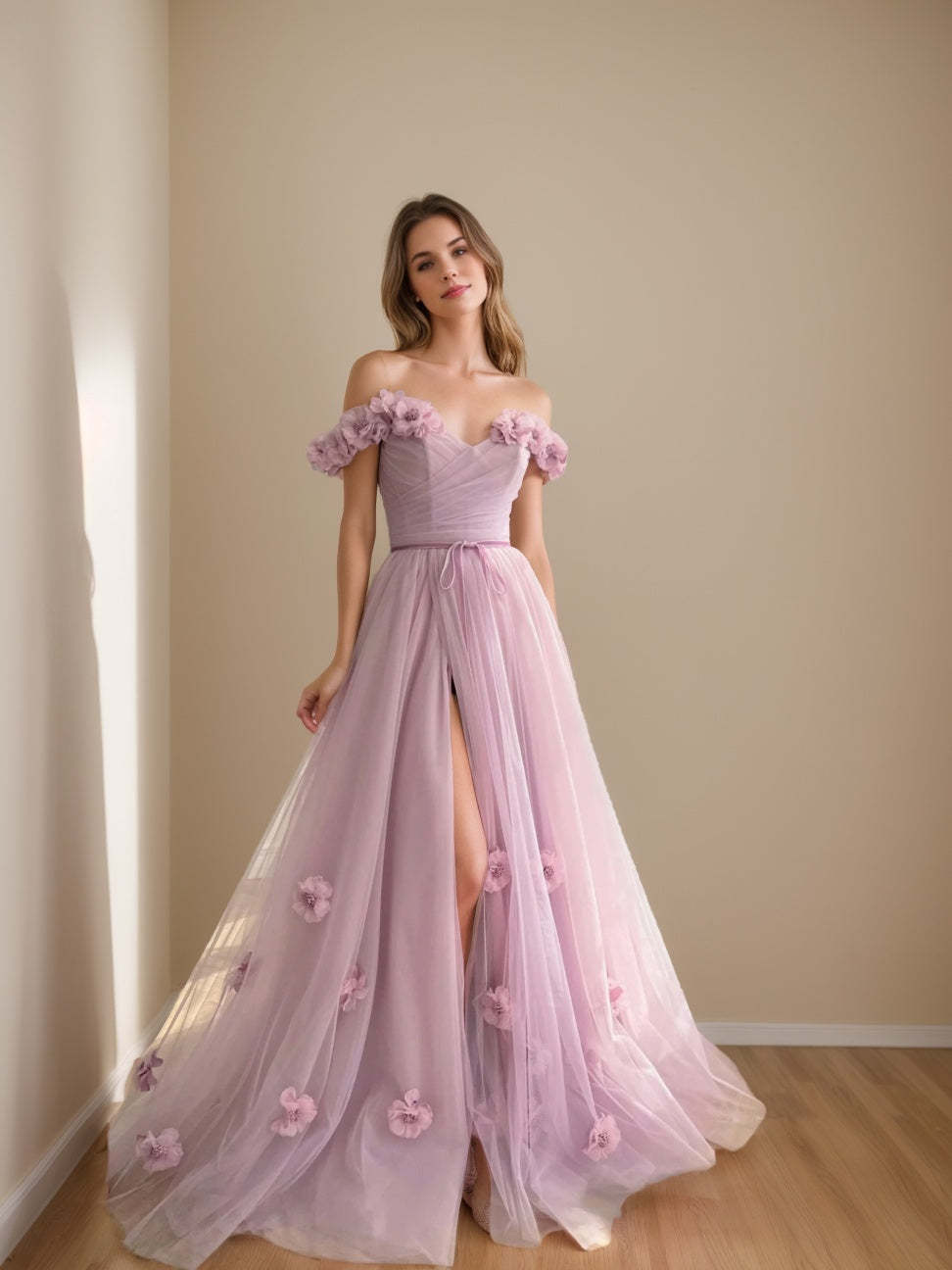 Princess A-Line Floor-Length Sleeveless Off-the-Shoulder Flower Evening Dresses