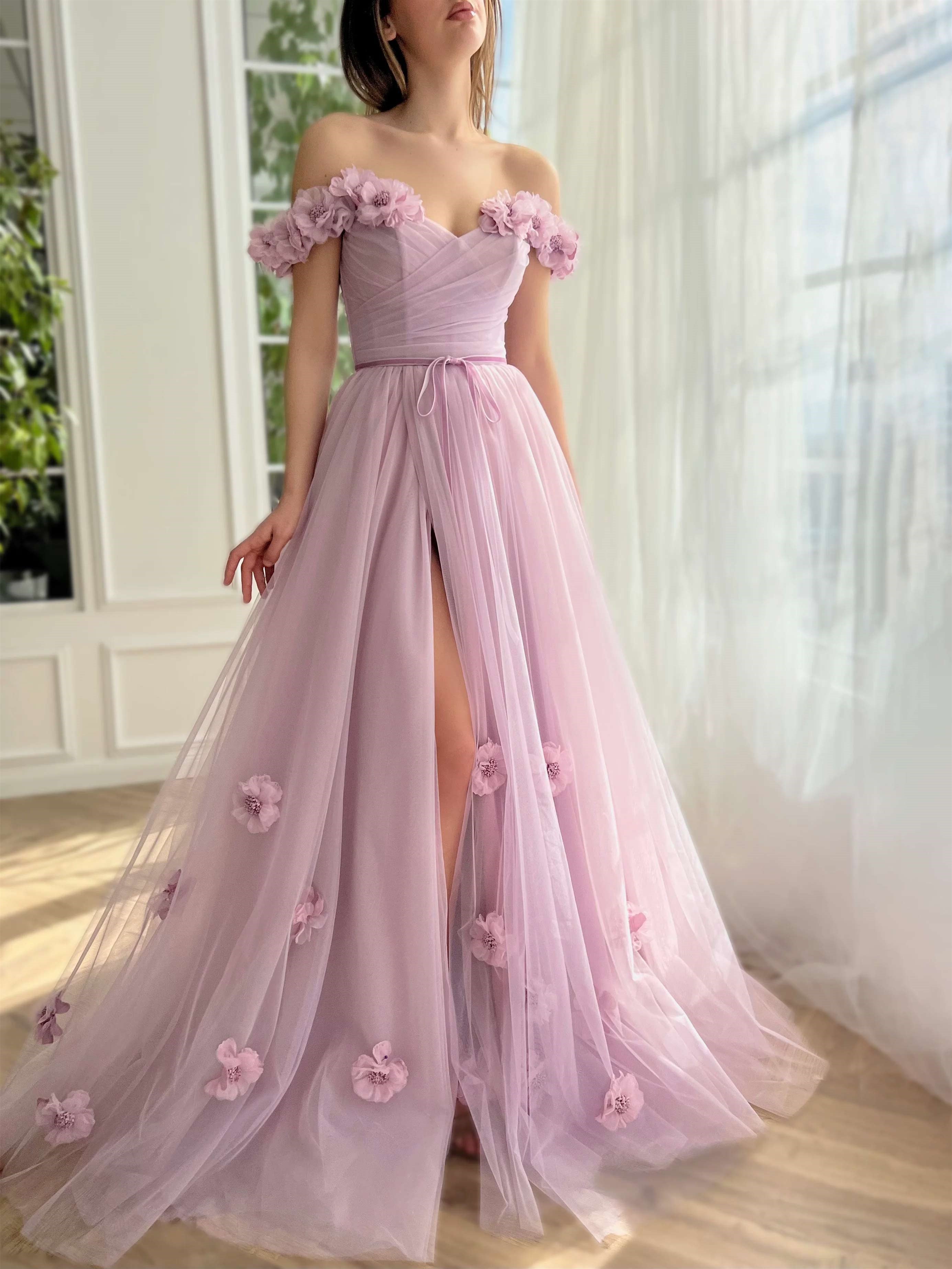 Princess A-Line Floor-Length Sleeveless Off-the-Shoulder Flower Evening Dresses