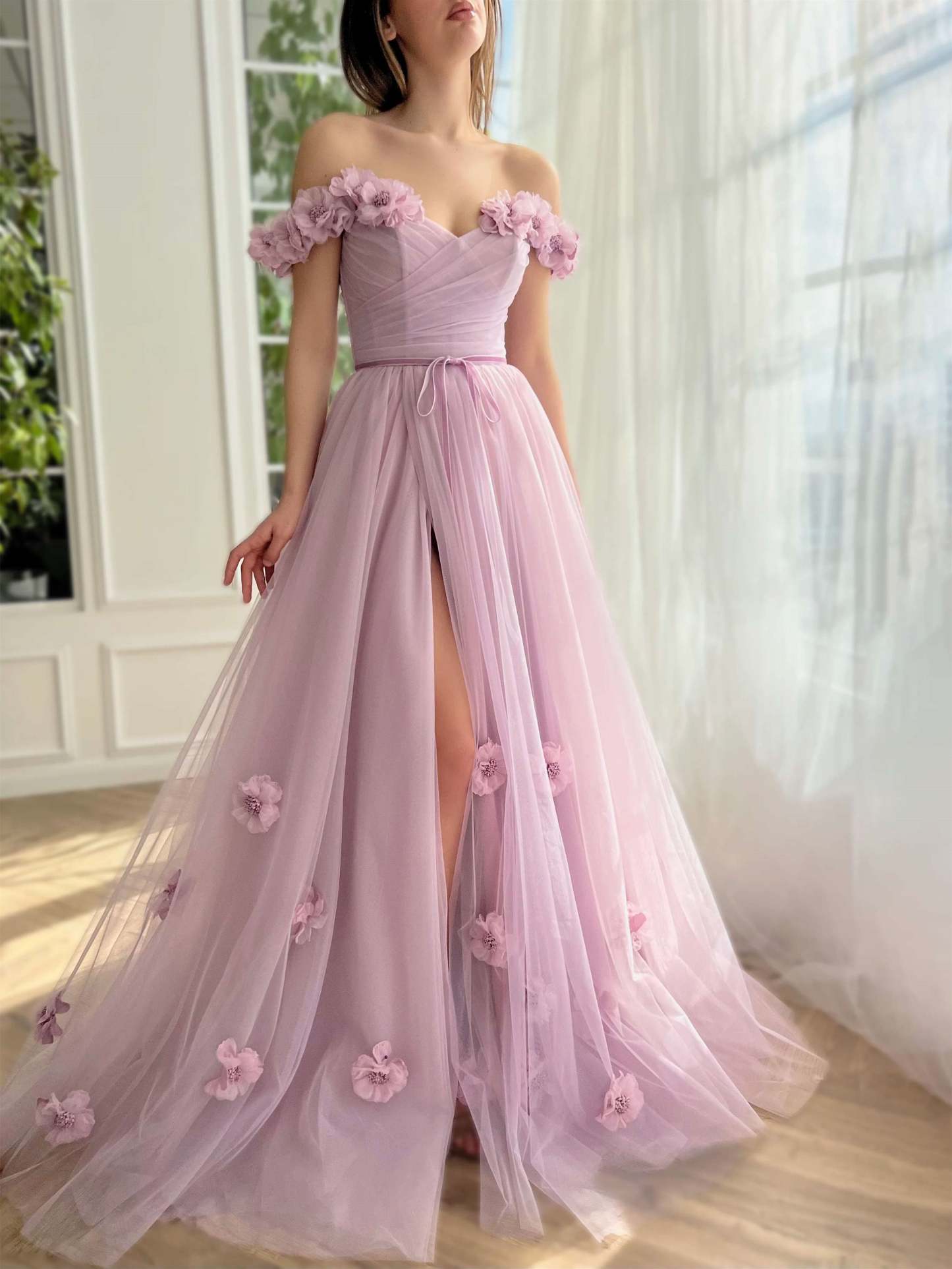 Princess A-Line Floor-Length Sleeveless Off-the-Shoulder Flower Evening Dresses