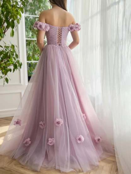 Princess A-Line Floor-Length Sleeveless Off-the-Shoulder Flower Evening Dresses