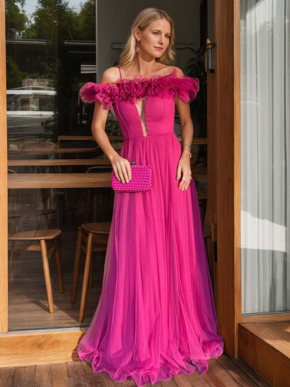 Princess A-Line Sleeveless Floor-Length Off-the-Shoulder Evening Gowns