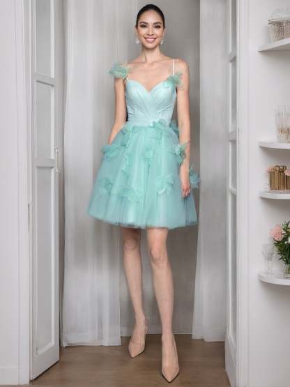 Short Sleeveless Cocktail Dress with Floral Appliques in A-Line and Princess Sweetheart Styles
