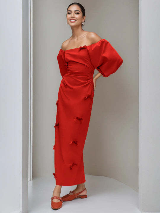 Strapless Long-Sleeved Sheath Dress with Mini Bows for Parties and Homecoming