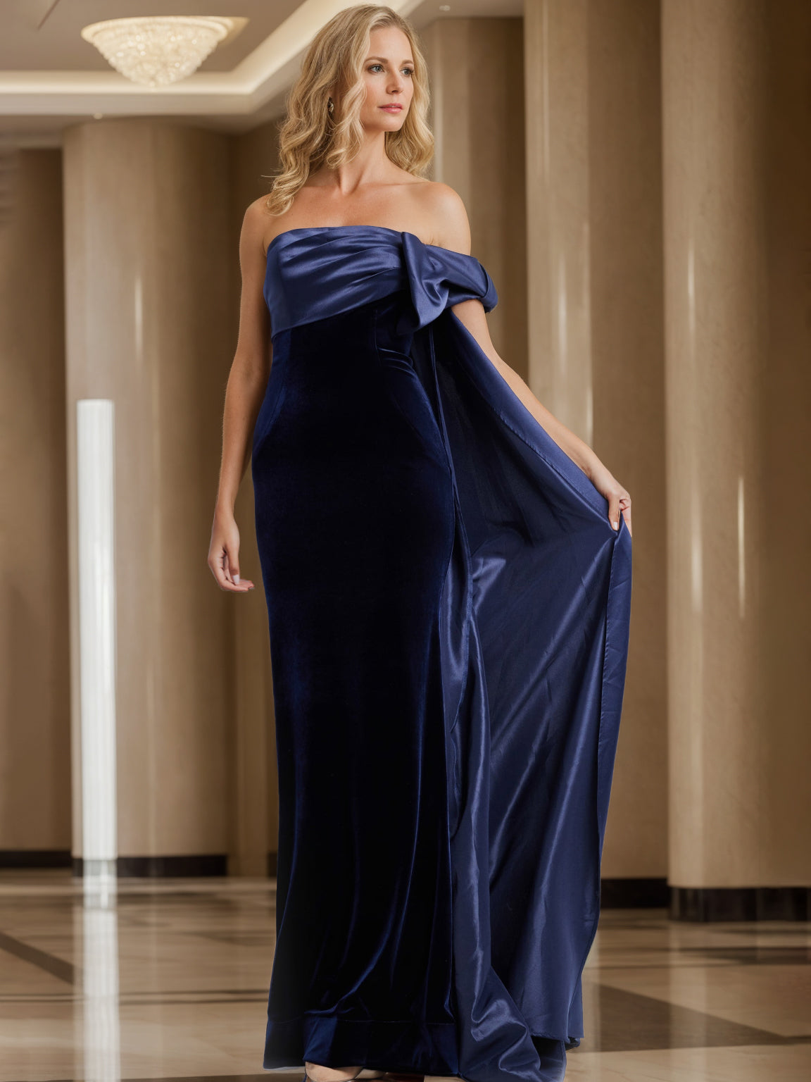 Off-the-Shoulder Sleeveless Floor-Length Evening Gown with Watteau Train