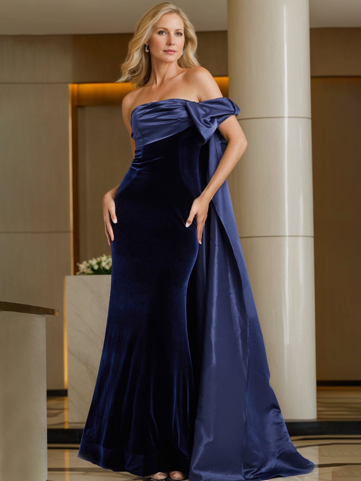 Off-the-Shoulder Sleeveless Floor-Length Evening Gown with Watteau Train