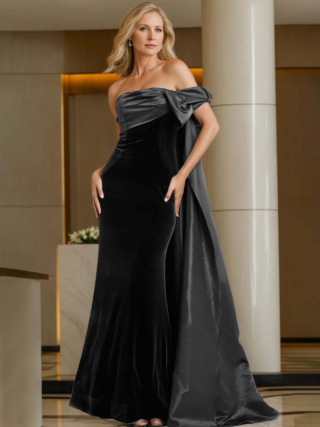 Off-the-Shoulder Sleeveless Floor-Length Evening Gown with Watteau Train