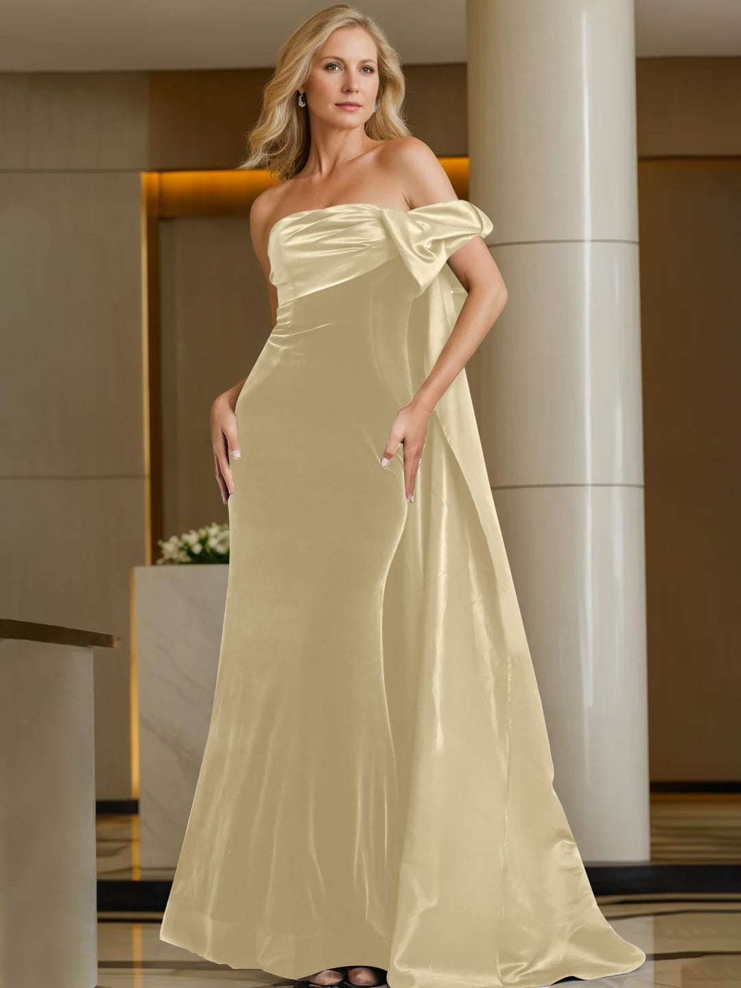 Off-the-Shoulder Sleeveless Floor-Length Evening Gown with Watteau Train