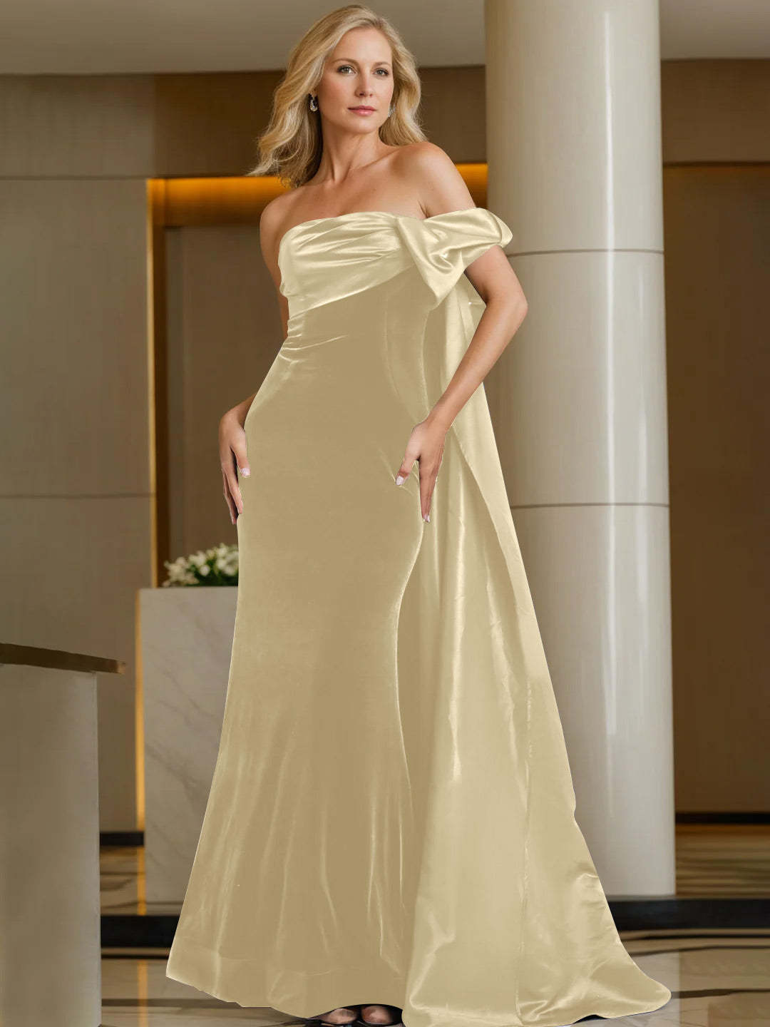 Off-the-Shoulder Sleeveless Floor-Length Evening Gown with Watteau Train