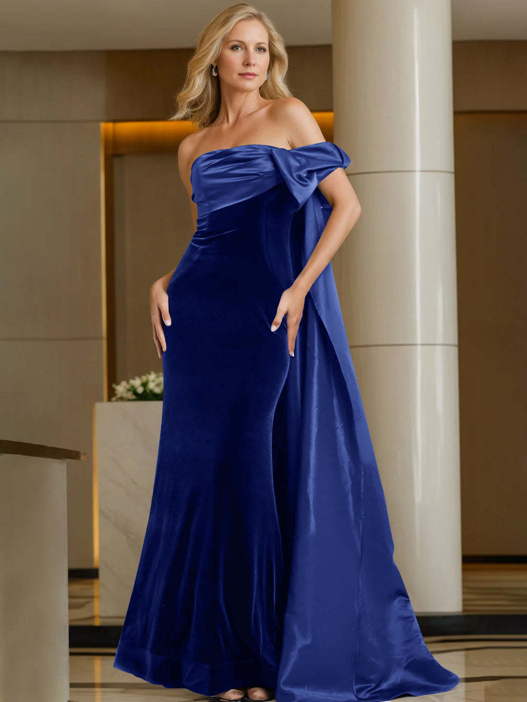 Off-the-Shoulder Sleeveless Floor-Length Evening Gown with Watteau Train