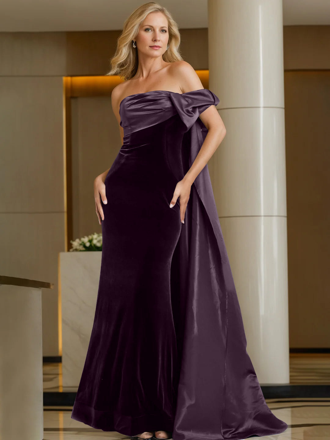 Off-the-Shoulder Sleeveless Floor-Length Evening Gown with Watteau Train