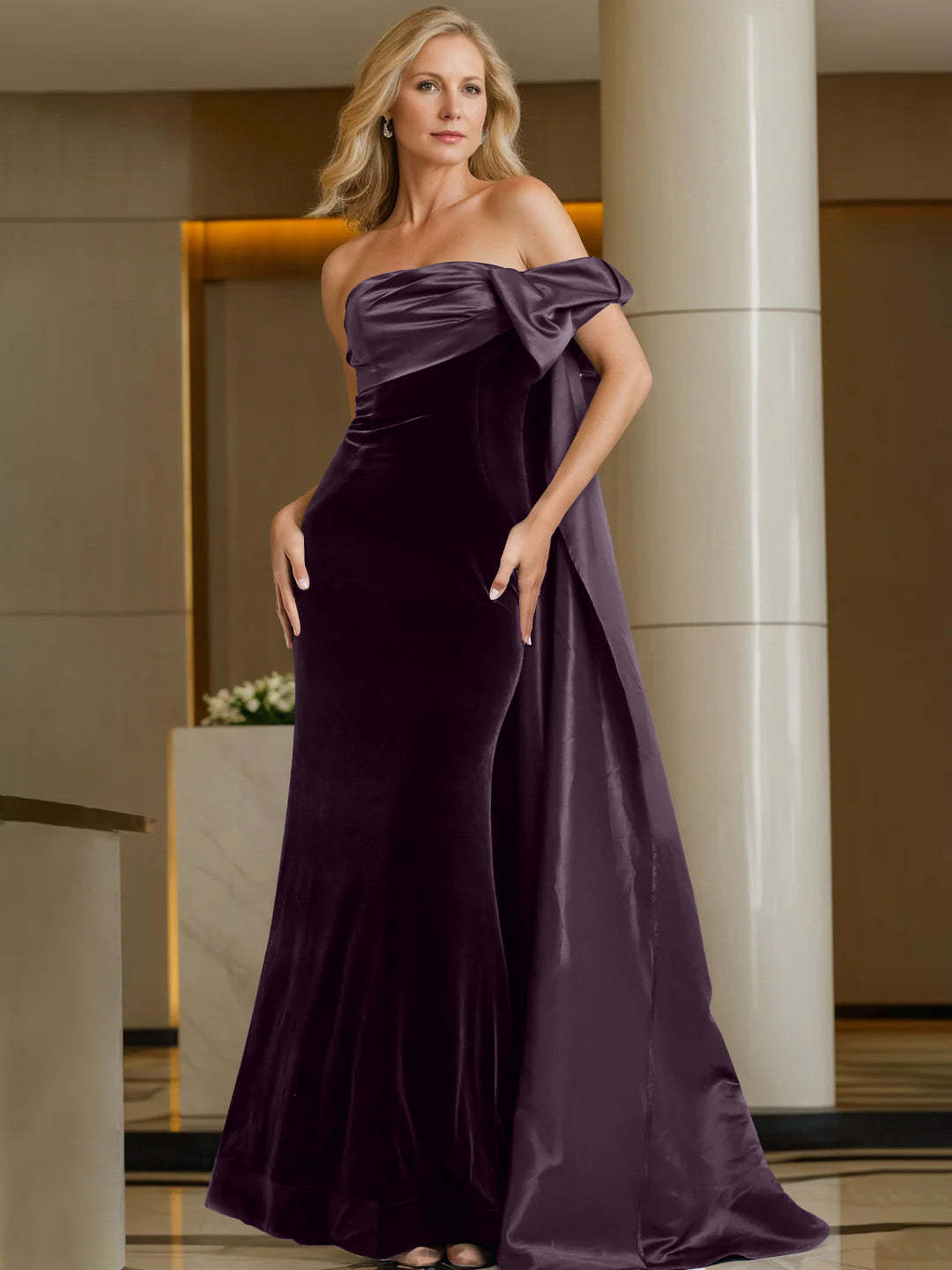 Off-the-Shoulder Sleeveless Floor-Length Evening Gown with Watteau Train
