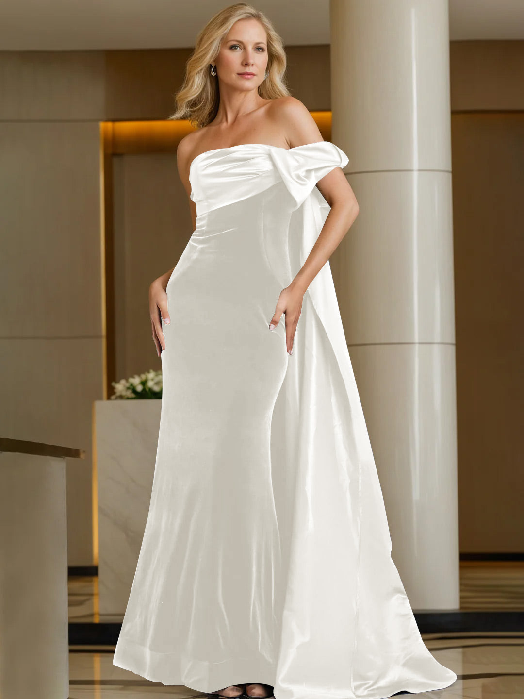 Off-the-Shoulder Sleeveless Floor-Length Evening Gown with Watteau Train