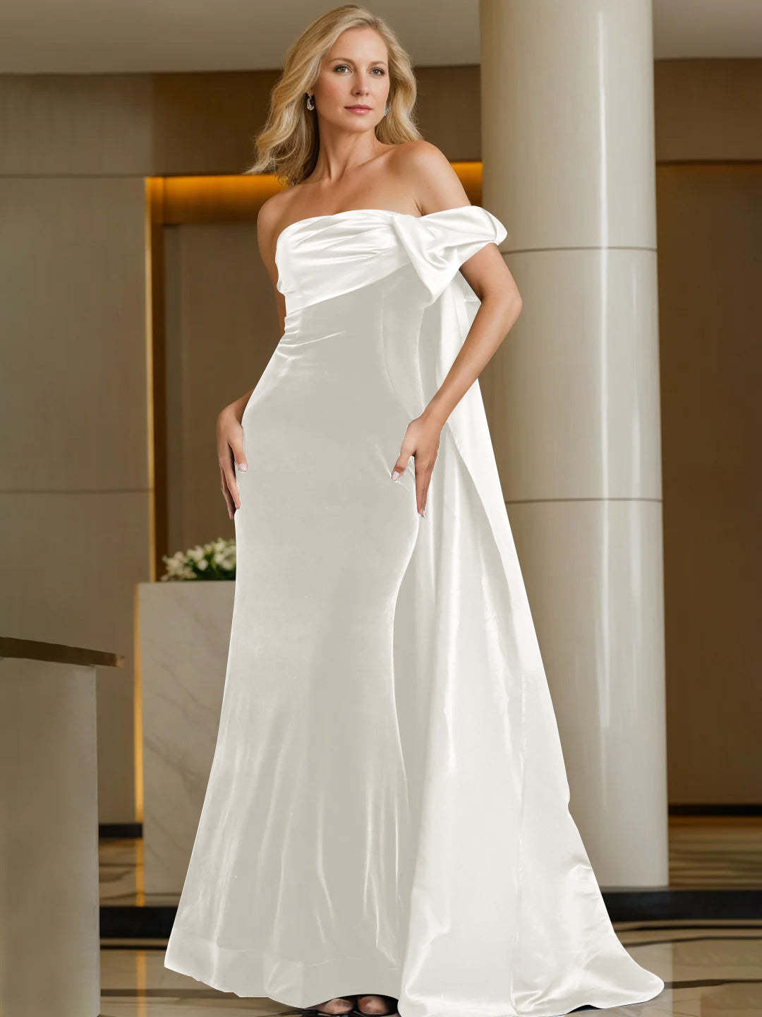 Off-the-Shoulder Sleeveless Floor-Length Evening Gown with Watteau Train