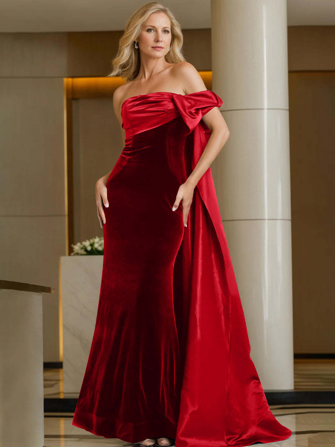 Off-the-Shoulder Sleeveless Floor-Length Evening Gown with Watteau Train
