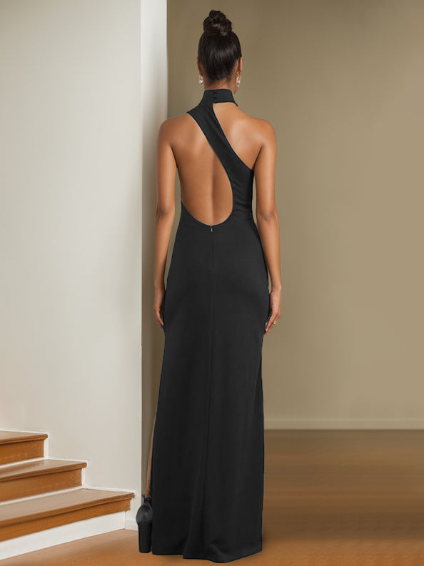One-Shoulder Sleeveless A-Line Princess Evening Gown with Side Split