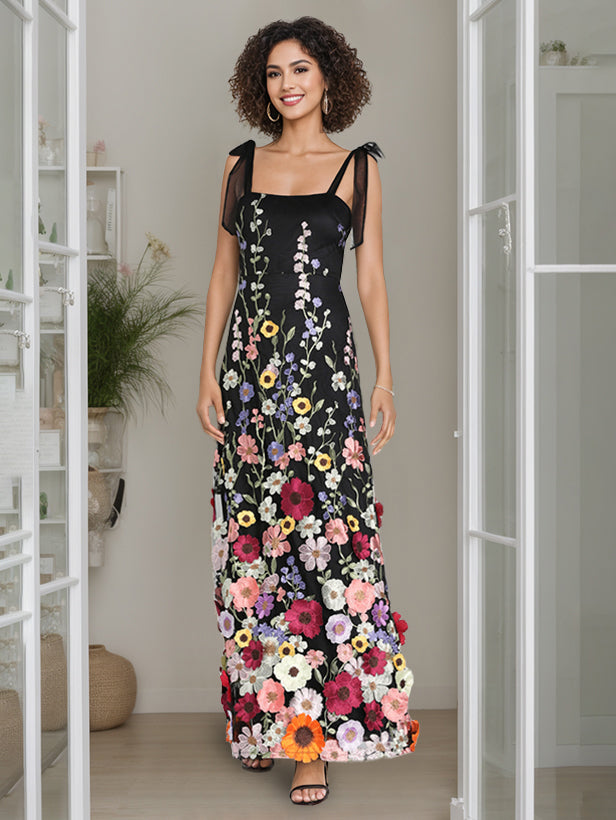 Spaghetti Strap Sleeveless Floor-Length A-Line/Princess Evening Dress with Embroidery