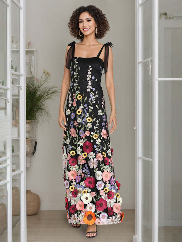 Spaghetti Strap Sleeveless Floor-Length A-Line/Princess Evening Dress with Embroidery