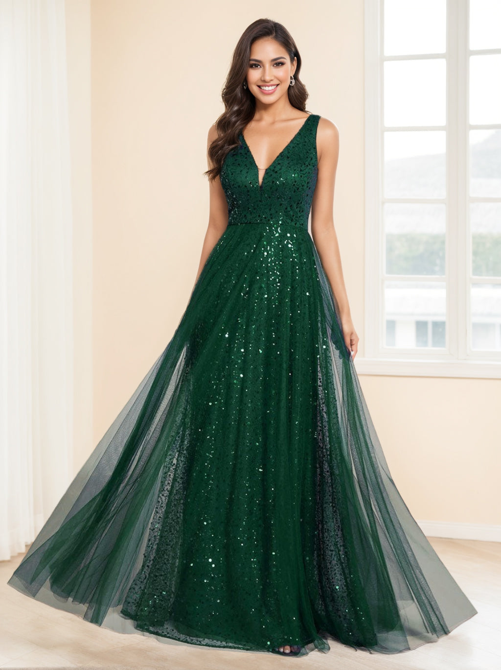 V-Neck Sleeveless High Waist A-Line Princess Floor-length Evening Gown
